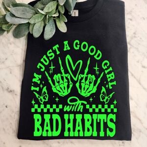 Good girl with bad habits shirt humor retro cute black and lime green